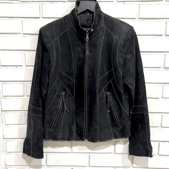 i.e. Relaxed Moto Suede Leather Zip-Up Jacket Distressed Black M (Macy's) - Picture 1 of 10